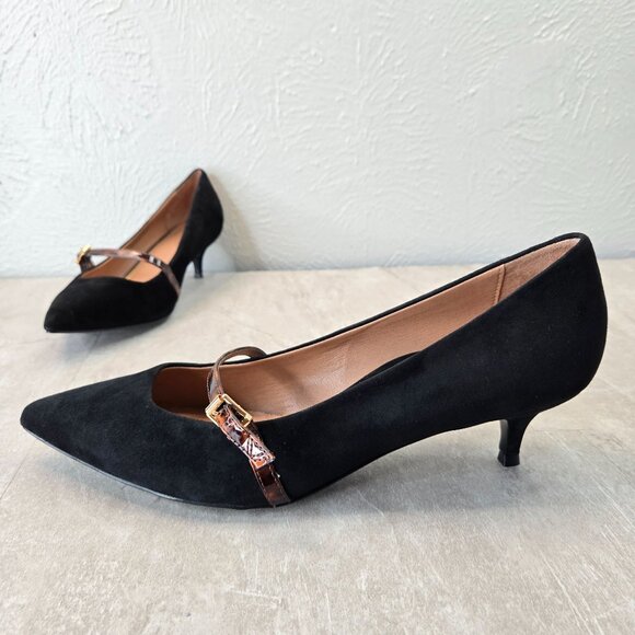 Vionic Mary Jane Kitten Heel Pumps 11 Black Suede Old Money Career Pointed Shoes - Picture 1 of 13